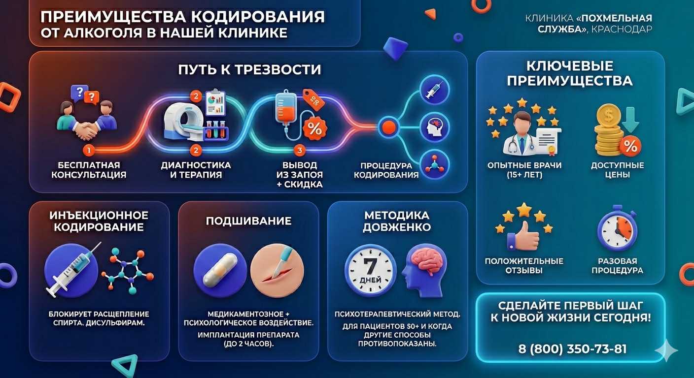 Инфографика о методах кодирования от алкоголя в Абакане: инъекции, подшивание, метод Довженко. Преимущества клиники и этапы лечения.