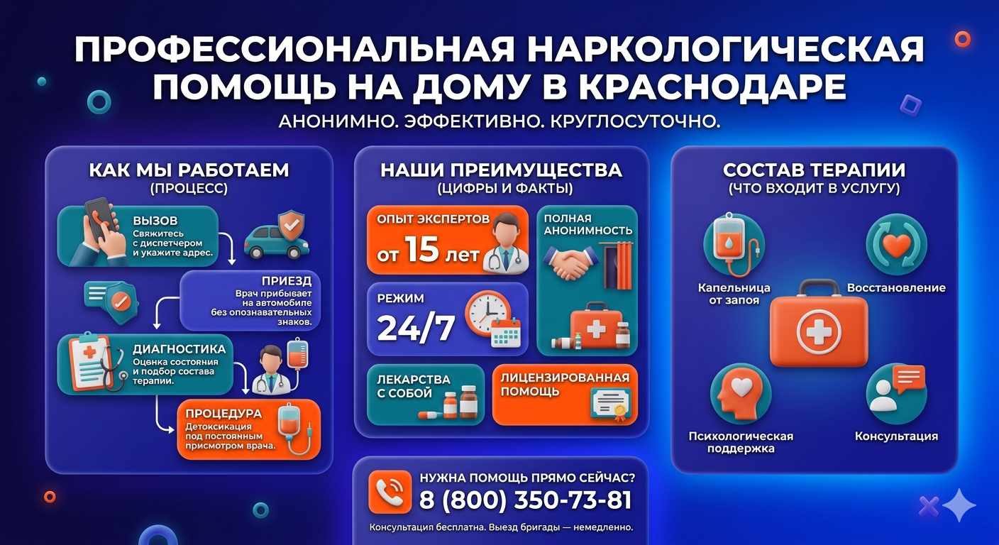 Инфографика о принципах лечения алкоголизма на дому в Абакане: этапы вызова нарколога, преимущества анонимной детоксикации и состав медицинской помощи.